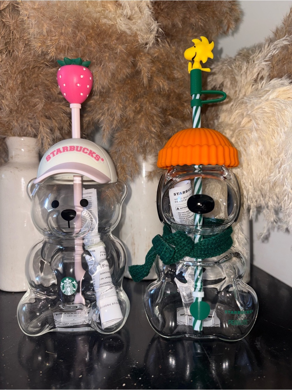 Starbucks Clear Bear Tumblers with Pink Strawberry and Orange Pumpkin Tops